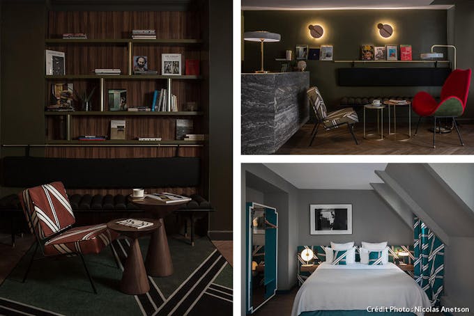 Photos d'un lounge et d'une chambre d'hotel parisien