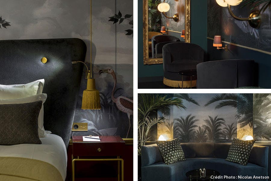 Photos d'un lounge et d'une chambre d'hotel parisien