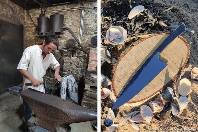 Johan Hamelin en plein travail de forge artisanal et un couteau de chef réalisé par ses soins entièrement réalisé en brut de forge sans manche en bois.
