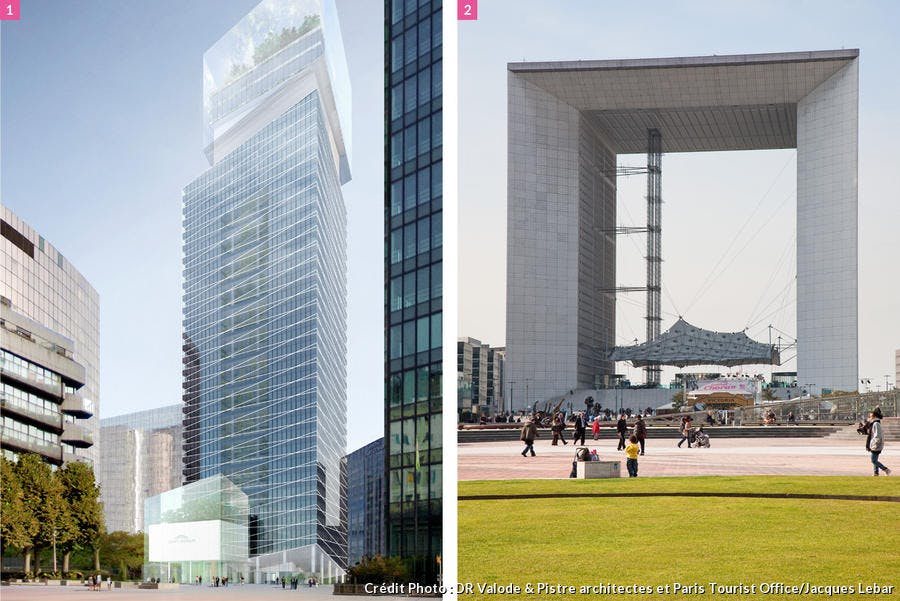 À gauche, la Tour Saint-Gobain qui sera construire à La Défense en 2019. À droite, la Grande Arche de La Défense.