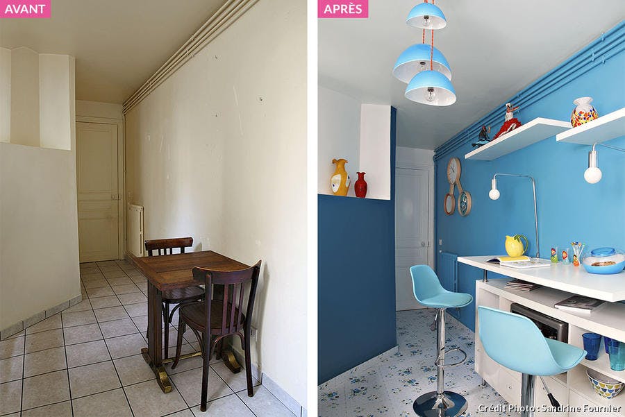 Espace dinatoire de la cuisine réaménagé et peint en bleu.