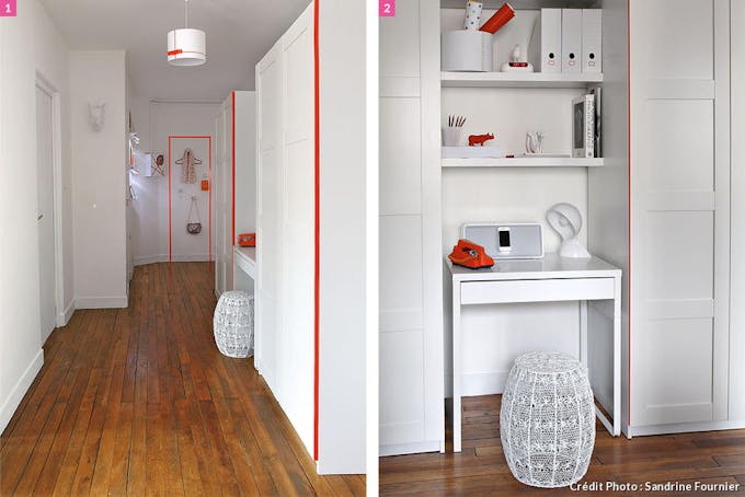 Zoom sur la transformation. Couloir et bureau rouges et oranges.