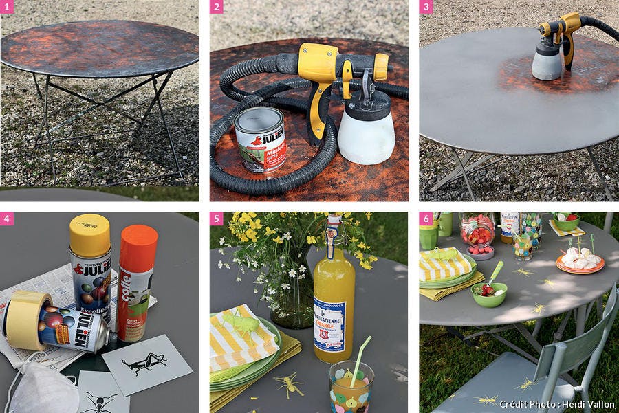 Création d'une table à motifs fourmis avec des pochoirs.