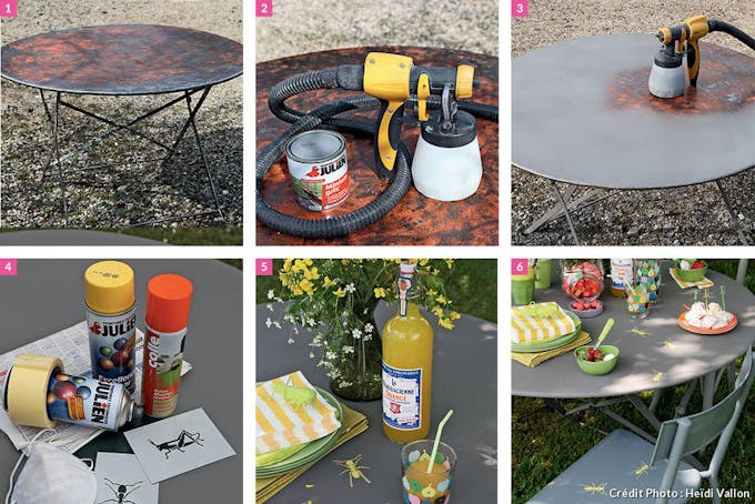 Création d'une table à motifs fourmis avec des pochoirs.