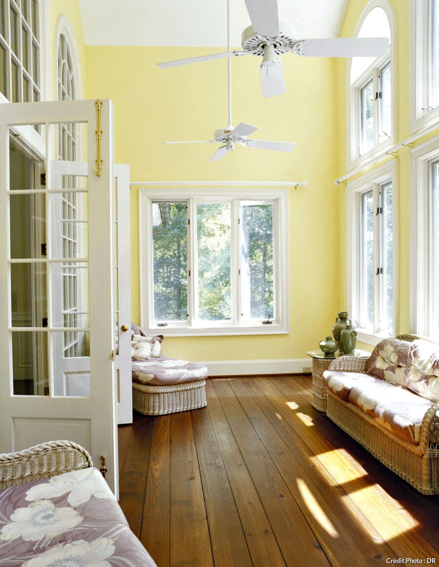 Salon peint en jaune et lumineux façon colonial
