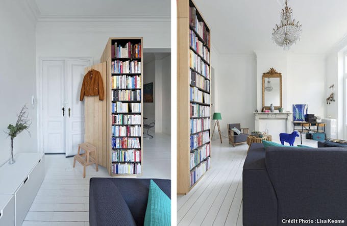 Cloison-meuble avec bibliothèque et penderie
