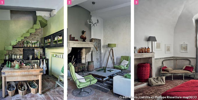Cuisine et coin salon en dominante de vert, à l'esprit baroque. Dans la chambre, fauteuil et cheminée de style baroque.