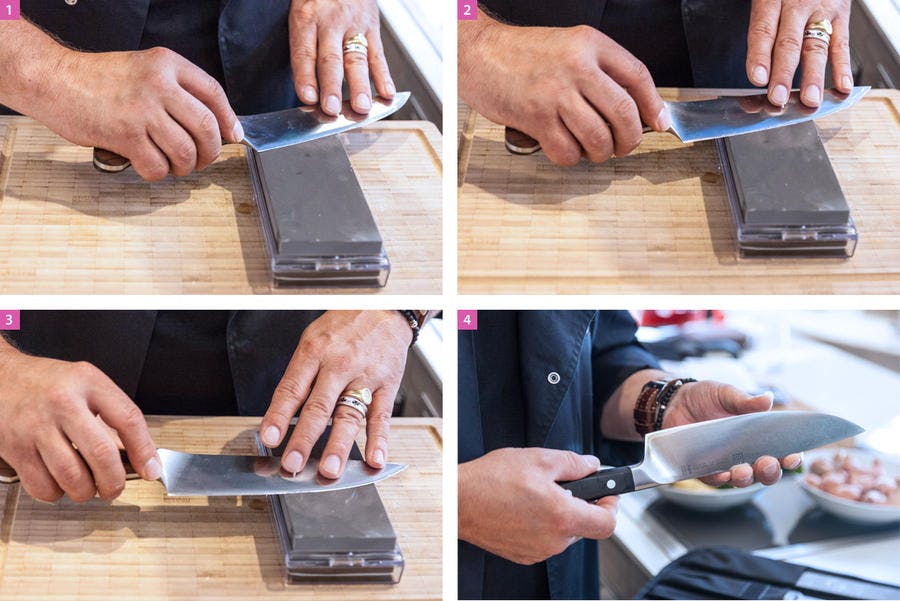 Différentes étapes pour aiguiser un couteau de cuisine sur une pierre à aiguiser.