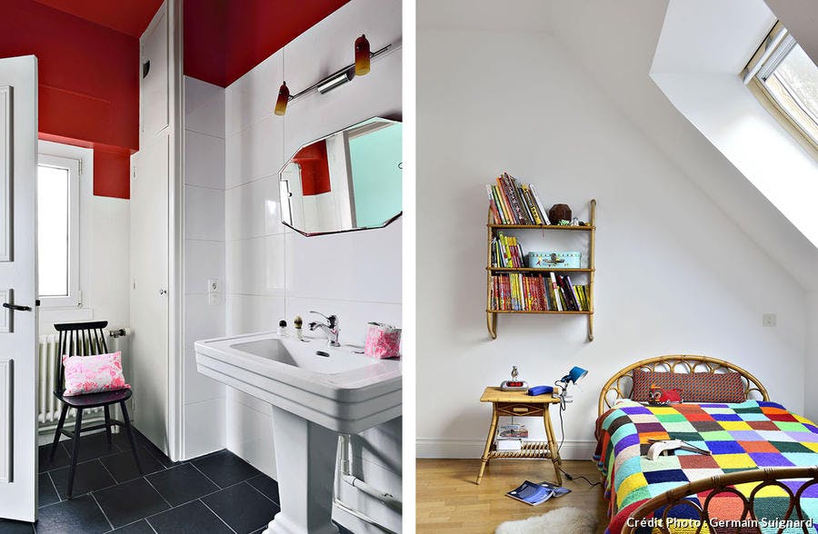 maison Rennes style vintage, graphique et colorée, salle de bains et chambre d'enfant 