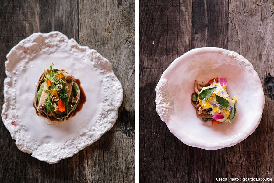 Les plats du chef étoilé Stephan Paroche dans les assiettes faites à la main par Eva Claessens.