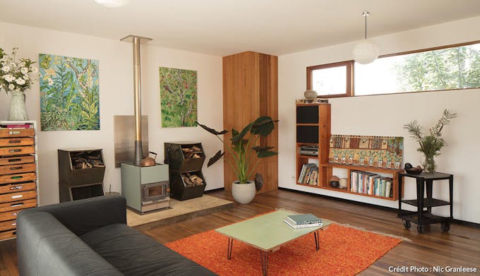 un salon avec poêle à bois et mobilier vintage 