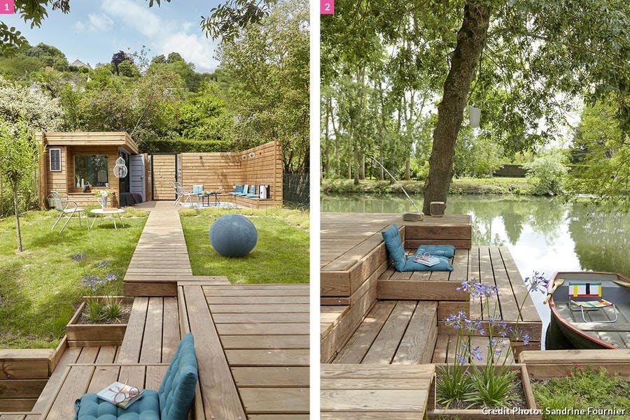une cabane contemporaine en bois au fond d'un jardin et un ponton assorti