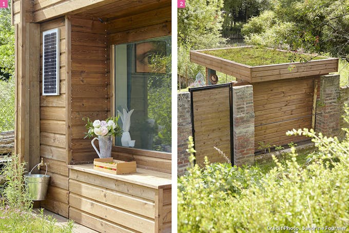 une cabane contemporaine en bois au fond d'un jardin avec une toiture végétale
