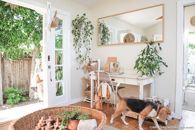 un intérieur bohème d'une tiny house avec des plantes vertes