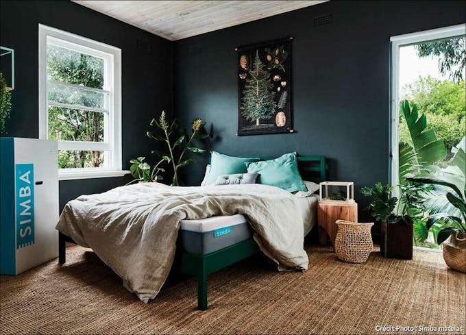 une chambre à coucher de style bohème avec des murs noirs