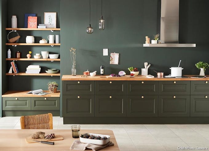 une cuisine vert olive de style classique et des murs dans une teinte assortie