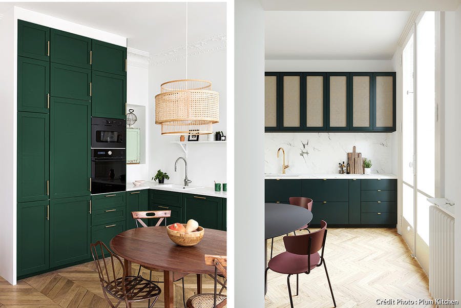 des meubles de cuisine vert avec un plan de travail et des murs blancs