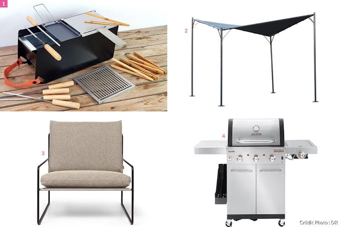une sélection d'accessoires d'extérieur de style industriel : mini barbecue, pergola, fauteuil et plancha