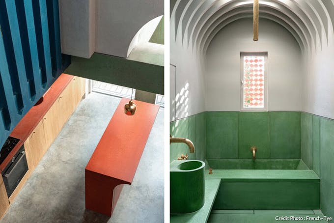 la cuisine et la salle de bains d'un intérieur minimaliste avec des aplats de couleurs franches.