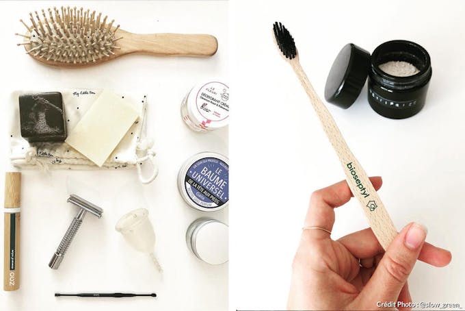 des accessoires de beauté zéro déchet et une brosse à dents en bambou