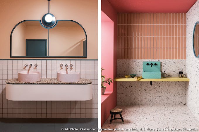 des salles de bains design en rose et Terrazzo