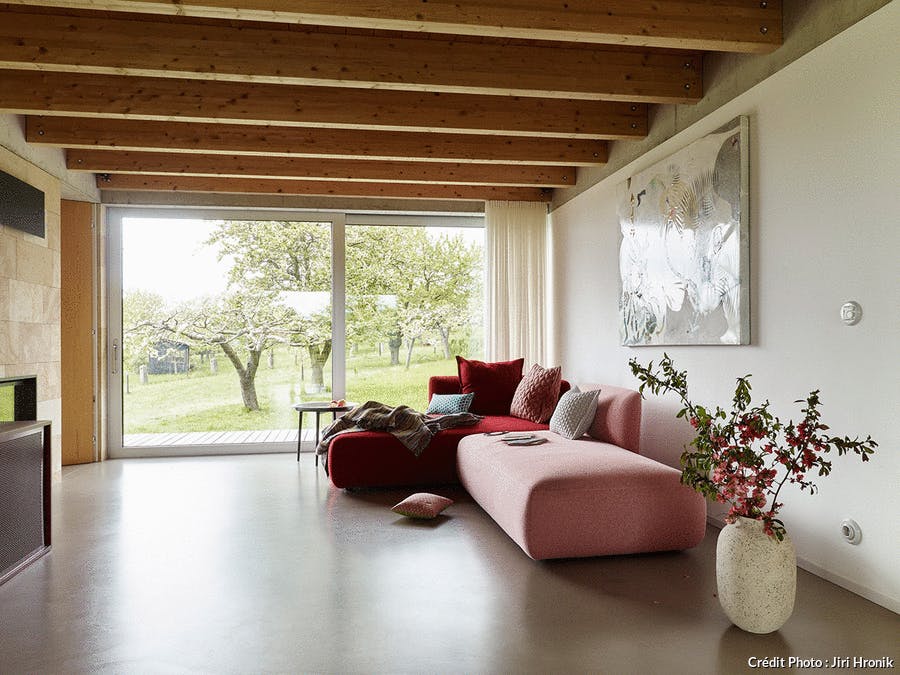 un salon moderne avec un sol en béton, des poutres au plafond et un canapé modulable rose