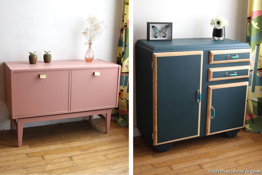des meubles vintage repeints en rose et bleu paon