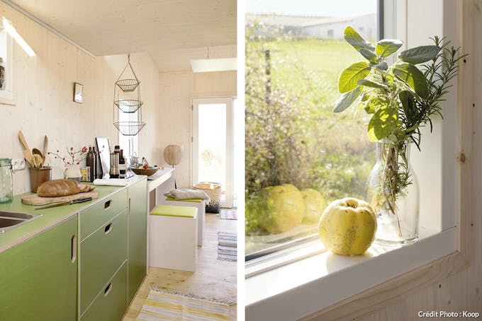 une cuisine minimaliste verte et jaune