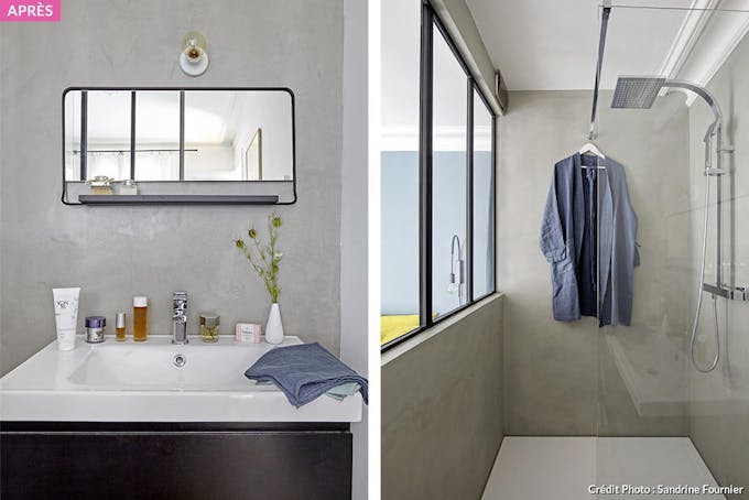 deux vues d'une salle de bains de style industriel avec des murs en béton