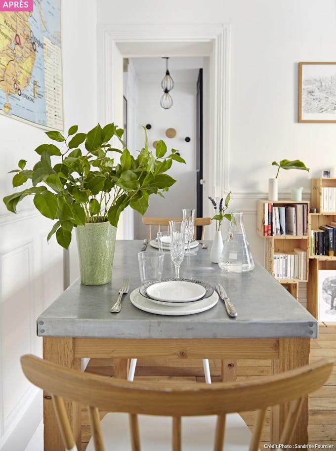 gros plan sur une table à manger vintage avec une plante verte