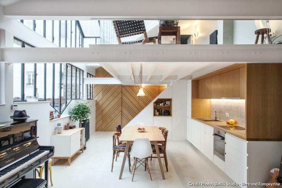 Mezzanine dans un loft avec cuisine et salle à manger