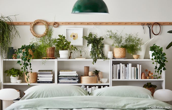 une tête de lit avec des plantes vertes 