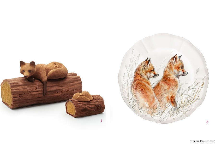 buche de noel avec décor de renard et assiette avec dessin de renard
