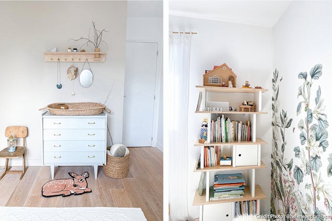 une chambre d'enfant avec une commode vintage détourée en table à langer et une étagère de style scandinave
