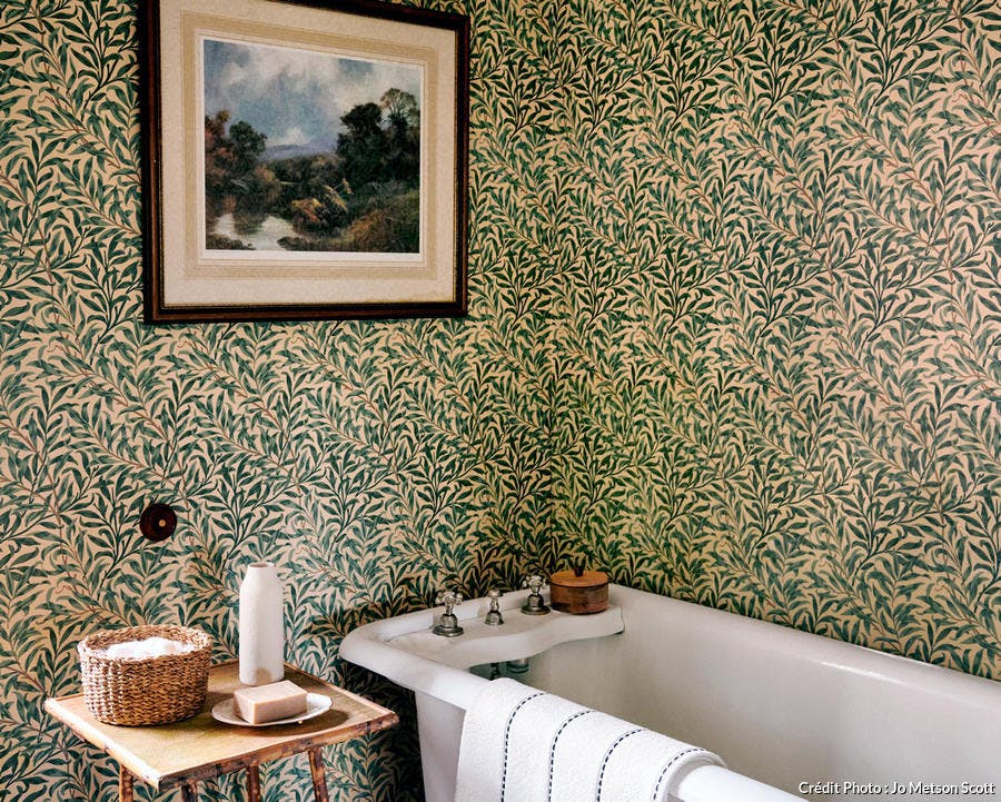 salle de bains et baignoire et papier peint vert