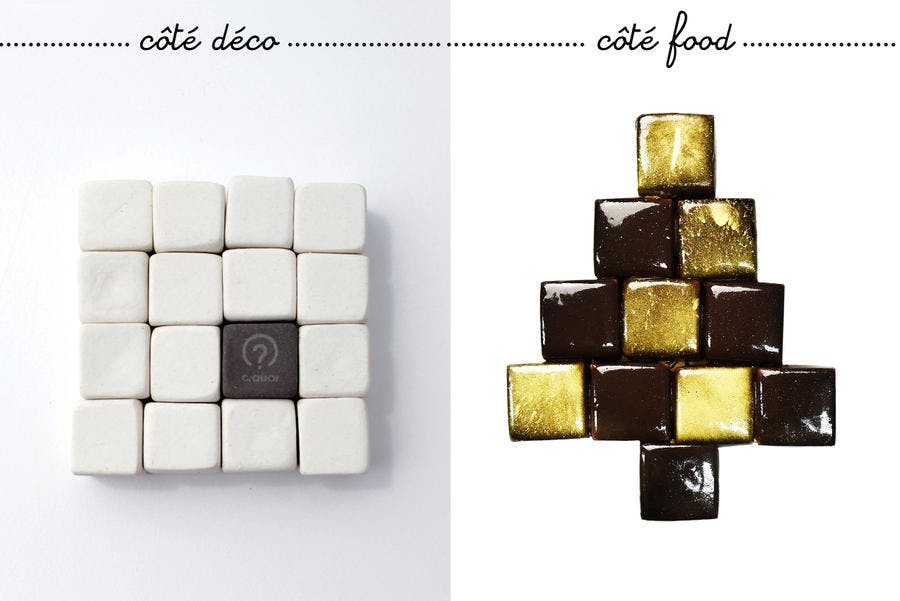 Un dessous de plat constitué de cubes blancs et d'un cube noir. Une bûche constituée de cube marrons et dorés.