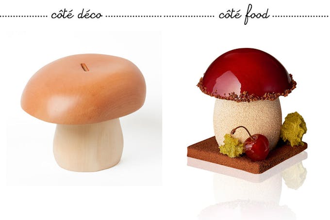 Une tirelire en bois en forme de champignon et une bûche en forme de champignon avec chapeau rouge.