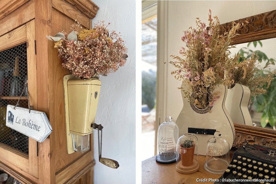 Des objets vintage détournés en vases pour fleurs séchées