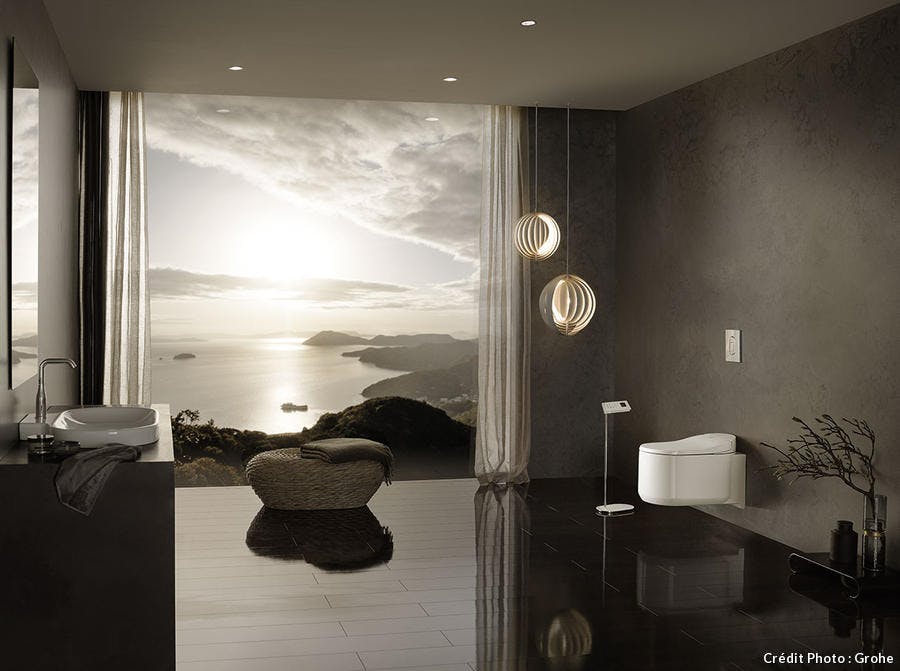 une salle de bains contemporaine en noir et blanc avec des toilettes suspendus