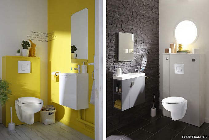 des salles de bains contemporaine avec toilettes suspendus et murs déco