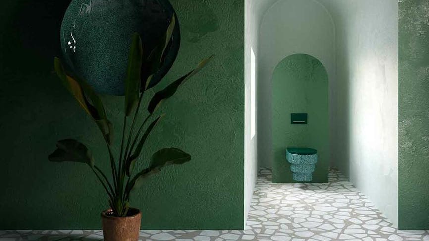 des toilettes design suspendu dans une pièce verte