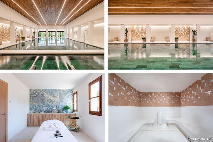 photos d'un spa de luxe avec piscine, cabines de soin et hammam