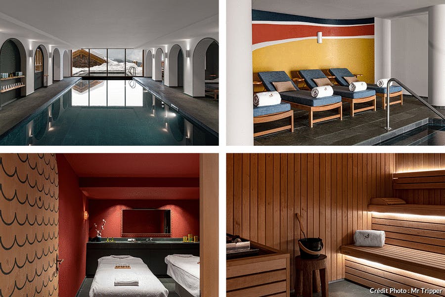 plusieurs photos d'un spa design avec des arches, du bois et des jeux de couleurs intenses