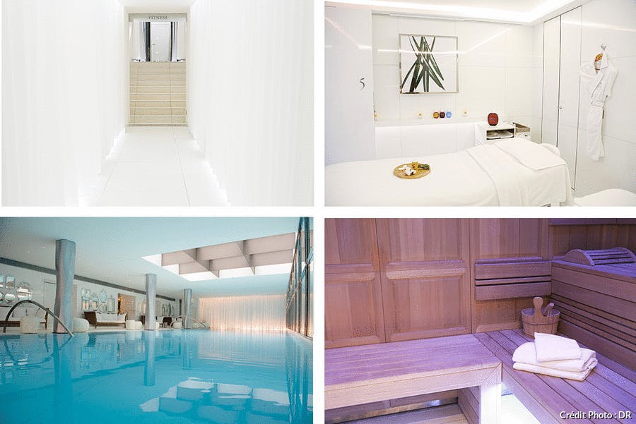 plusieurs photos d'un spa design avec une piscine et des salles de massages immaculées, et l'intérieur d'un sauna en bois clair