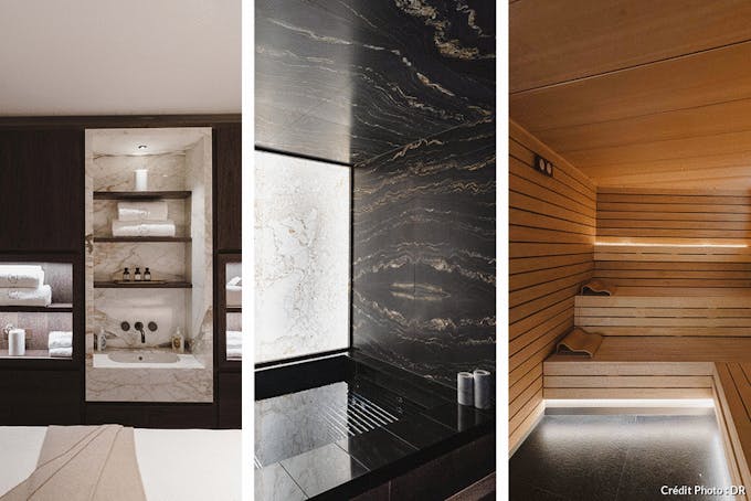 un spa habillé de marbre noir et un sauna en bois clair