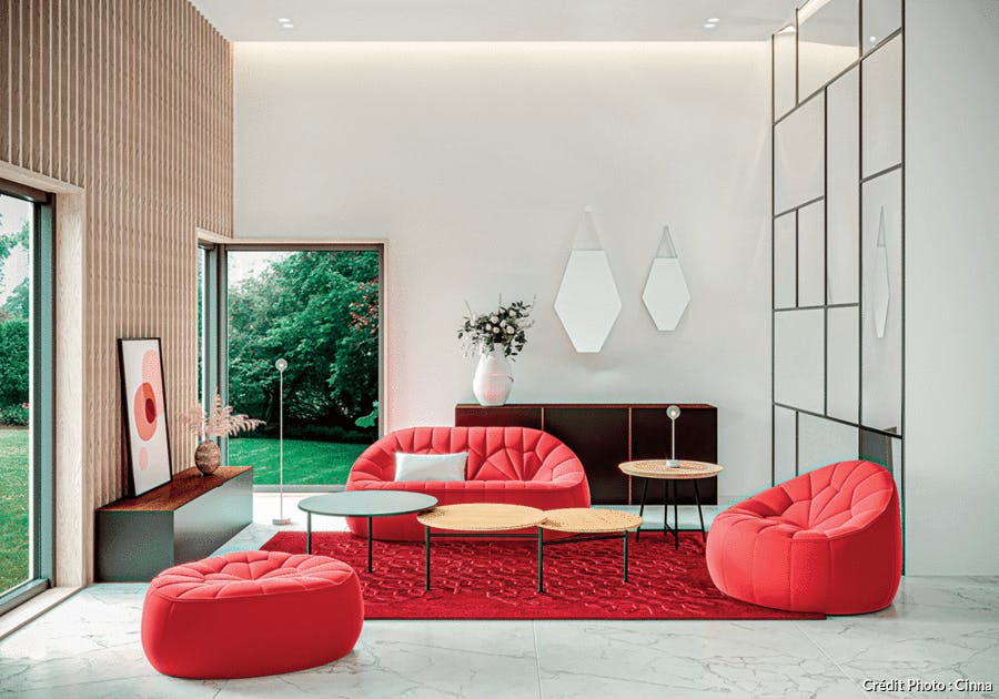 un salon design avec un canapé, un pouf et un tapis rouge