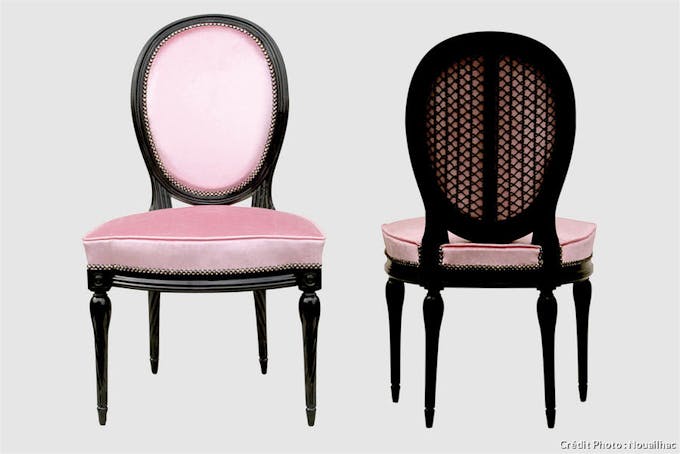 Deux chaises médaillon Palissy roses dans le style Louis XVI Jacob.