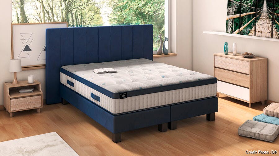une chambre à coucher moderne avec un lit bleu foncé et un matelas capitonné