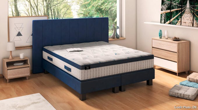 une chambre à coucher moderne avec un lit bleu foncé et un matelas capitonné