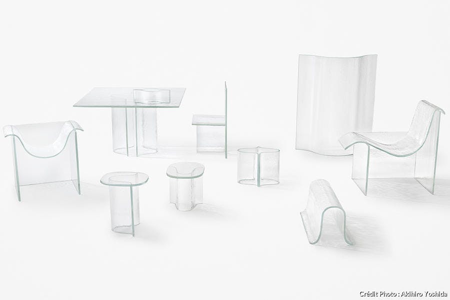 Table chaise tabouret paravent en verre
